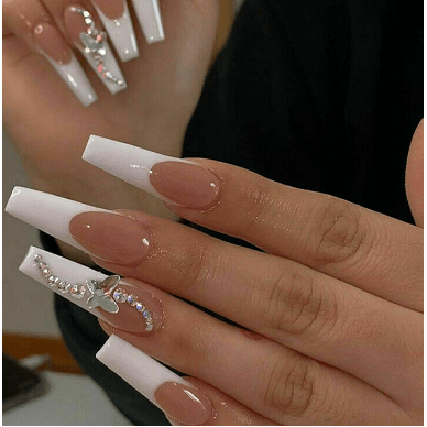 Press On Manicure Stiletto Nails With Rhinestones - French